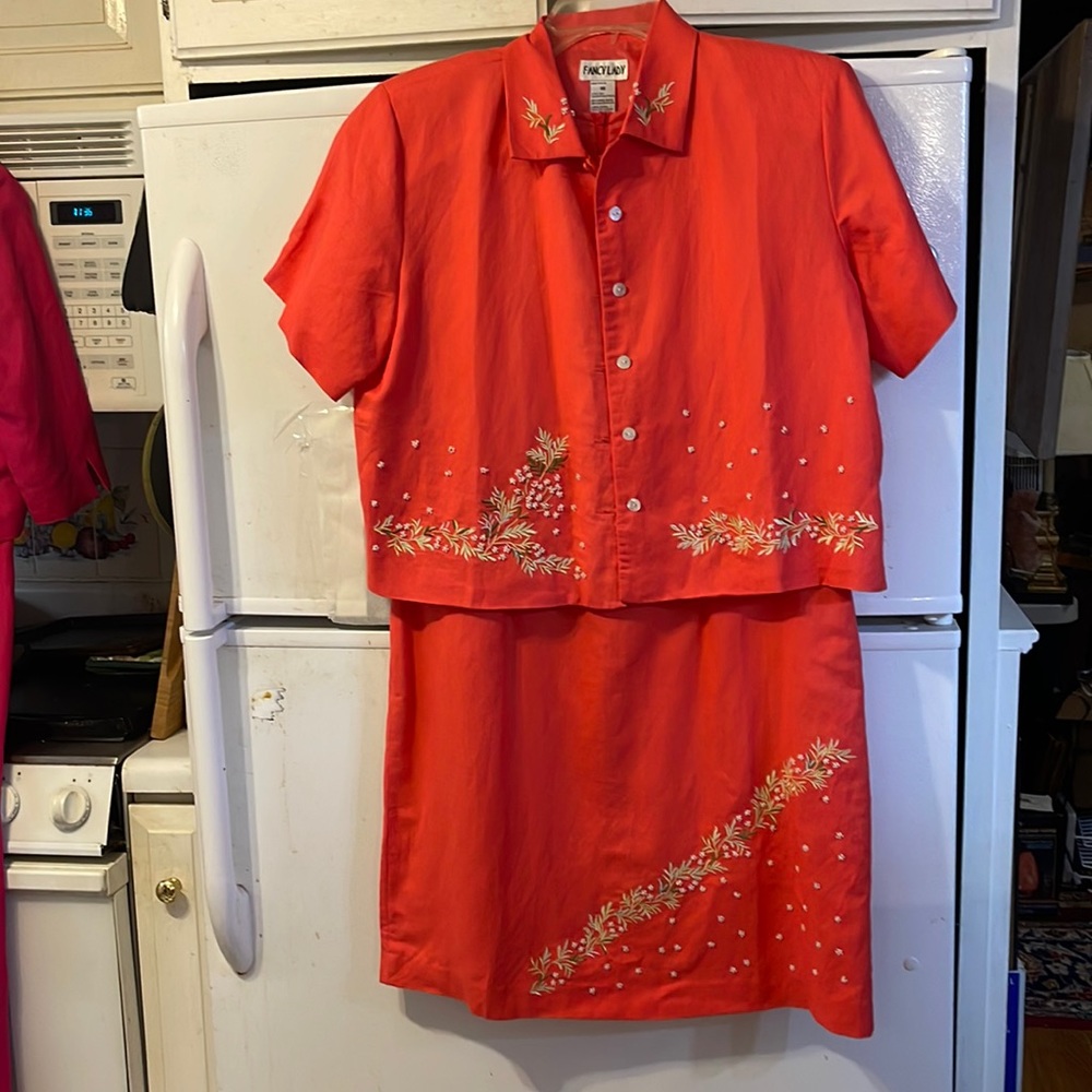 Fancy Lady 2 PCS Set Orange SL Vintage Dress & SS Jacket. Embroidered Flowers